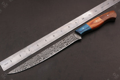 13.5" Custom Handmade Damascus Fillet Knife Fire Damascus Steel Fillet Knife best Fillet Knife