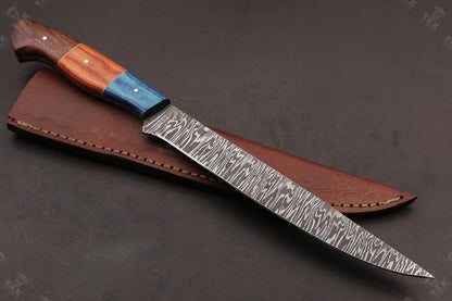13.5" Custom Handmade Damascus Fillet Knife Fire Damascus Steel Fillet Knife best Fillet Knife