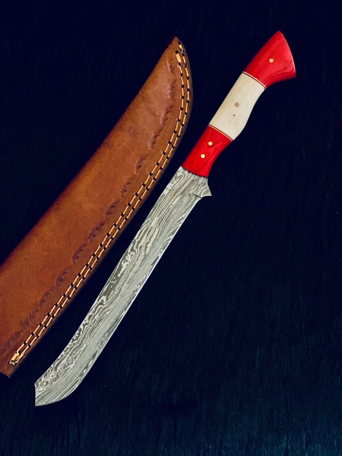 13" Handmade Twist Damascus Steel Brisket Fillet Bowie Knife – Camel Bone & Wood Handle