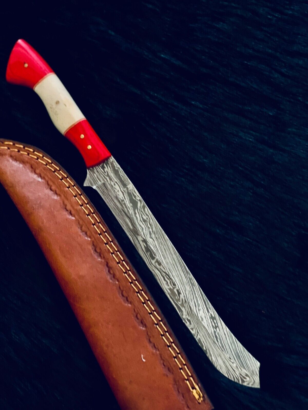13" Handmade Twist Damascus Steel Brisket Fillet Bowie Knife – Camel Bone & Wood Handle