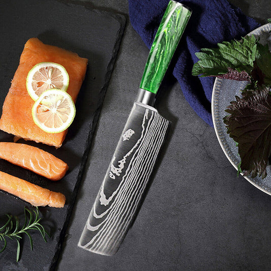 Green 10pcs Japanese Kitchen Damascus Pattern Chef Knife Set – High Carbon Stainless Steel with Color Wood Handles