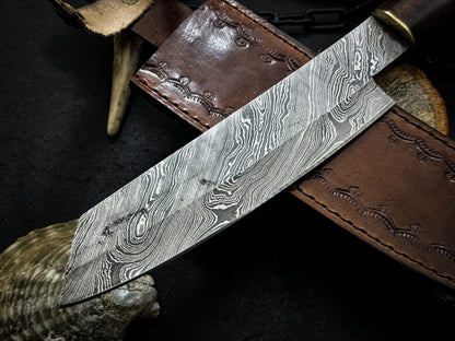 Handmade Damascus Steel Chef Knife, Full Tang Wood Handle, Leather Sheath