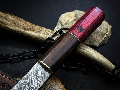 Handmade Damascus Steel Chef Knife, Full Tang Wood Handle, Leather Sheath