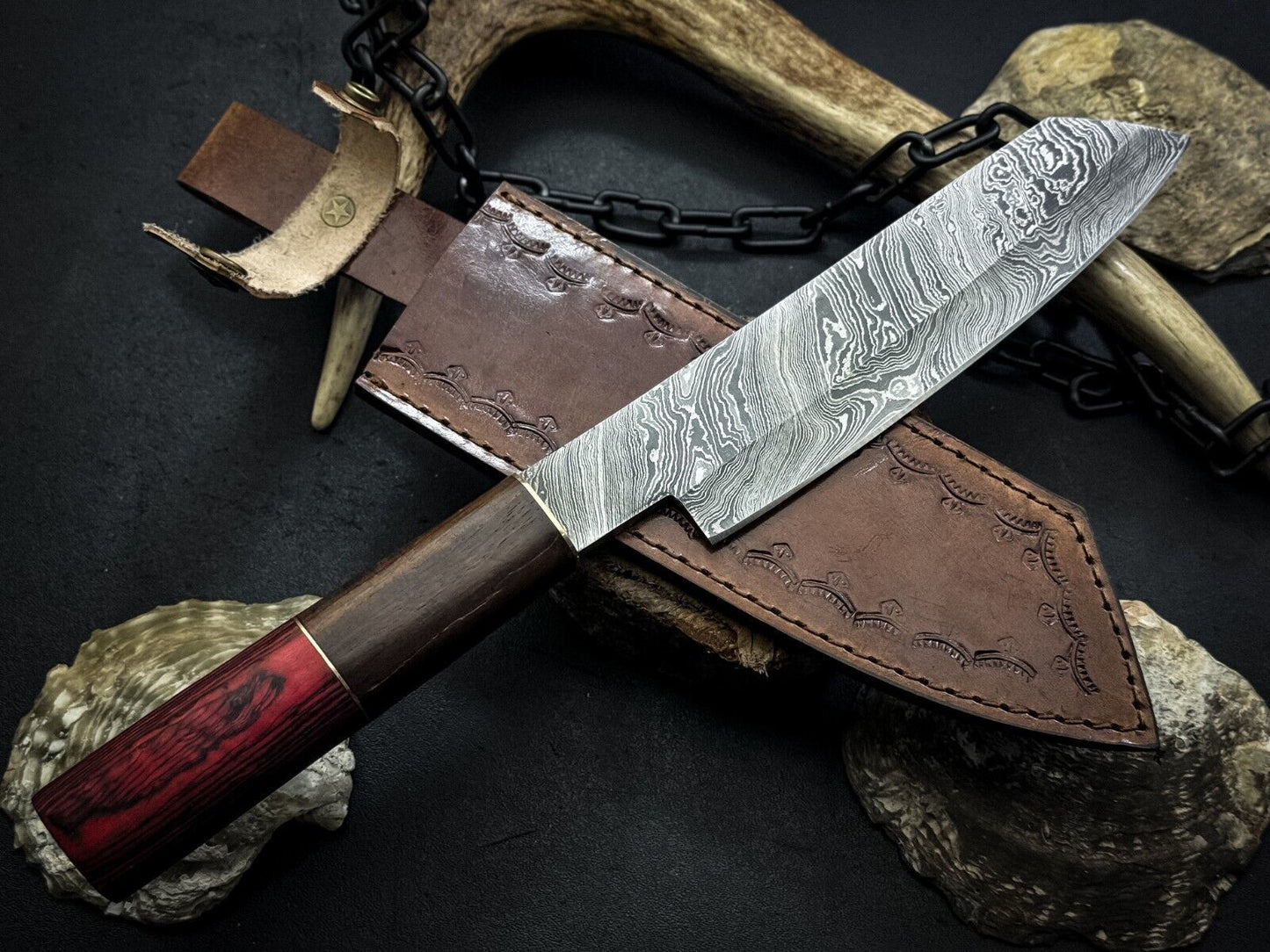 Handmade Damascus Steel Chef Knife, Full Tang Wood Handle, Leather Sheath