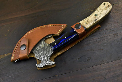 Handmade Forged Damascus Custom Hunting Olive Wood Clever Chopper Axe Knife – 12 Inch