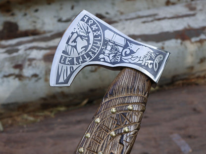 Handmade 21 Inch Viking Tomahawk Axe with Engraved Ash Wood Handle and Leather Sheath