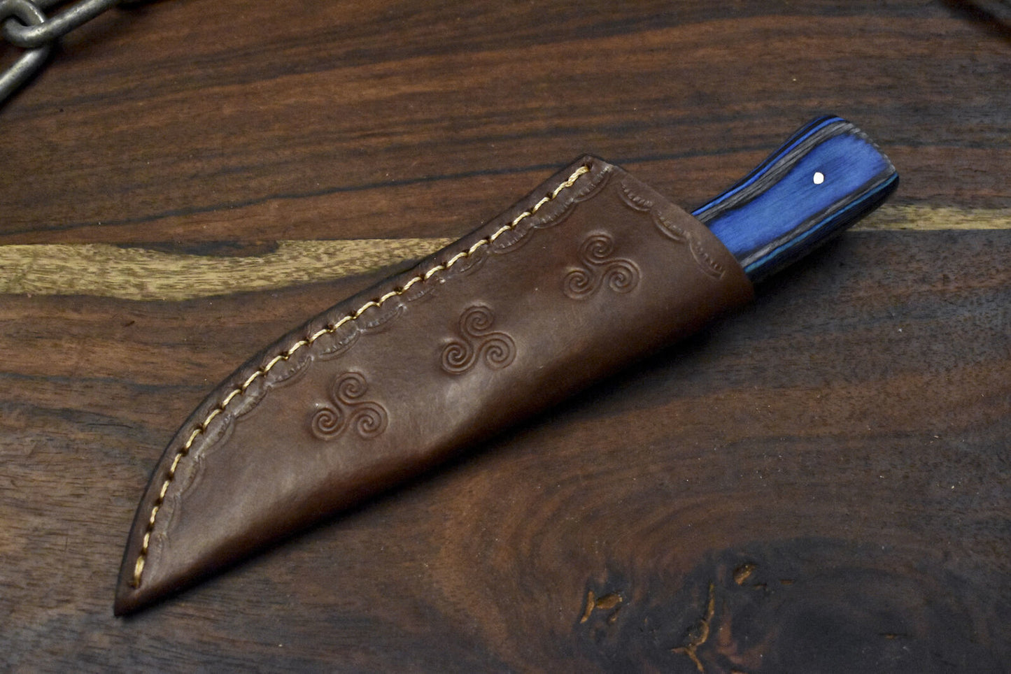 8.0" Twist Damascus Skinner Knife Hardwood Handle Wooden Bolster with Sheath