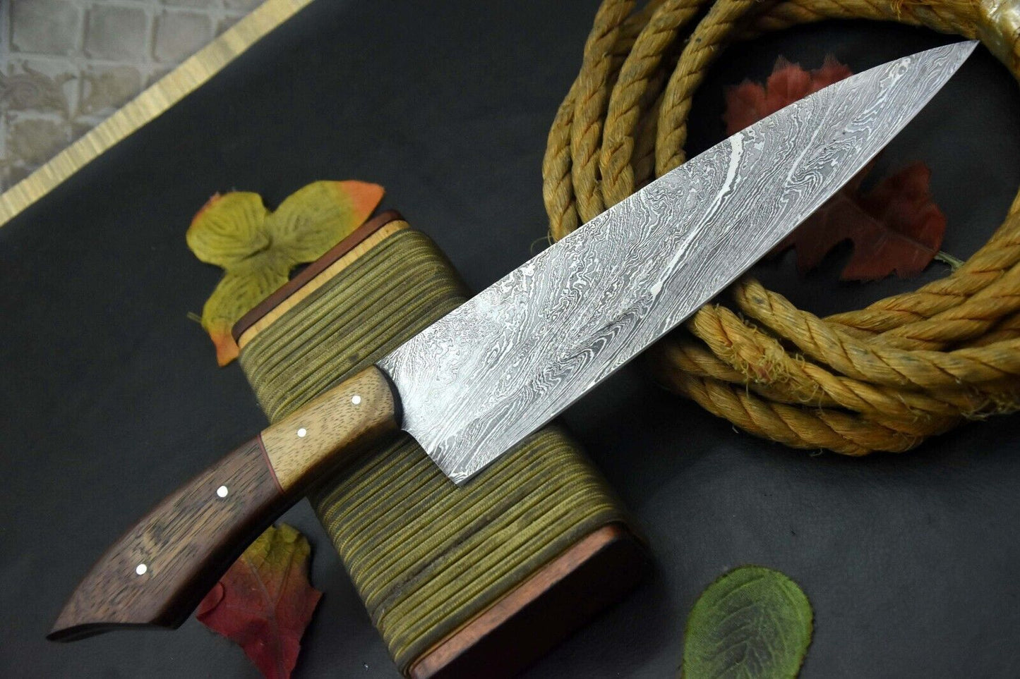 Custom Damascus Steel Fixed Blade Chef Knife | Handmade Kitchen Knife with Walnut Handle