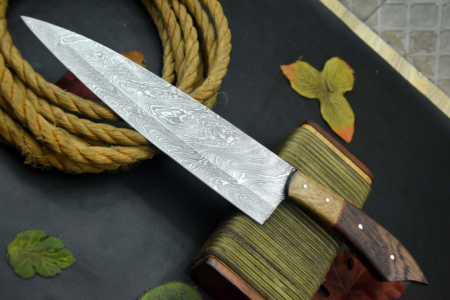 Custom Damascus Steel Fixed Blade Chef Knife | Handmade Kitchen Knife with Walnut Handle