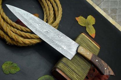 Custom Damascus Steel Fixed Blade Chef Knife | Handmade Kitchen Knife with Walnut Handle