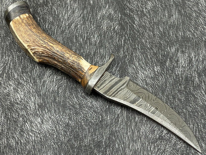 Heritage Forge 8 Inch Damascus Steel Hunting Bowie Knife with Stag Horn and Hardwood Handle