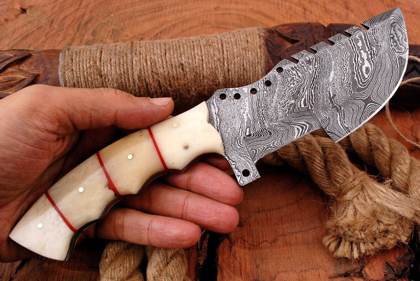 10" Handmade Damascus Steel Tracker Knife – Survival Hunting Fixed Blade Bushcraft EDC with Leather Sheath