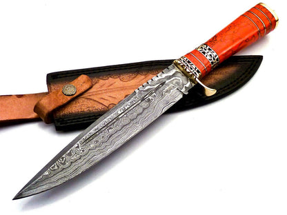 Custom Damascus Steel Bowie Knife – Red Jasper Stone & Brass Handle – 13" Hunting Knife