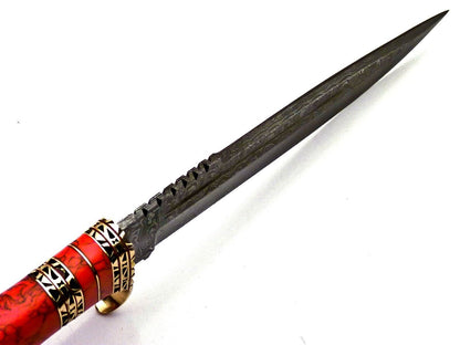 Custom Damascus Steel Bowie Knife – Red Jasper Stone & Brass Handle – 13" Hunting Knife