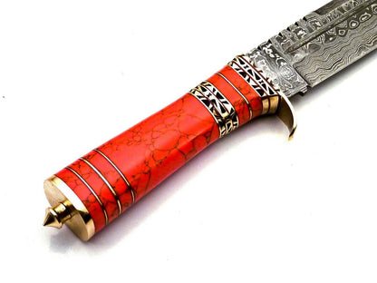 Custom Damascus Steel Bowie Knife – Red Jasper Stone & Brass Handle – 13" Hunting Knife
