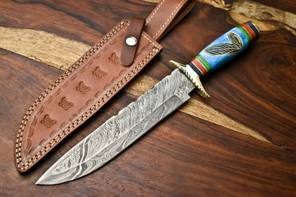 14" Damascus Bowie Knife with Camel Bone Handle