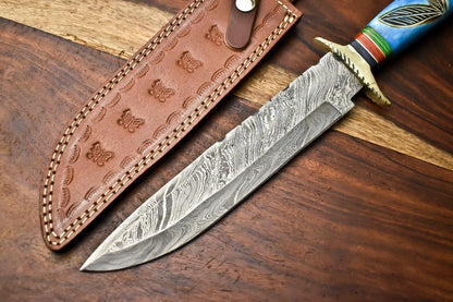 14" Damascus Bowie Knife with Camel Bone Handle