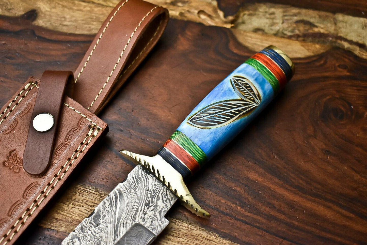 14" Damascus Bowie Knife with Camel Bone Handle