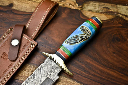 14" Damascus Bowie Knife with Camel Bone Handle