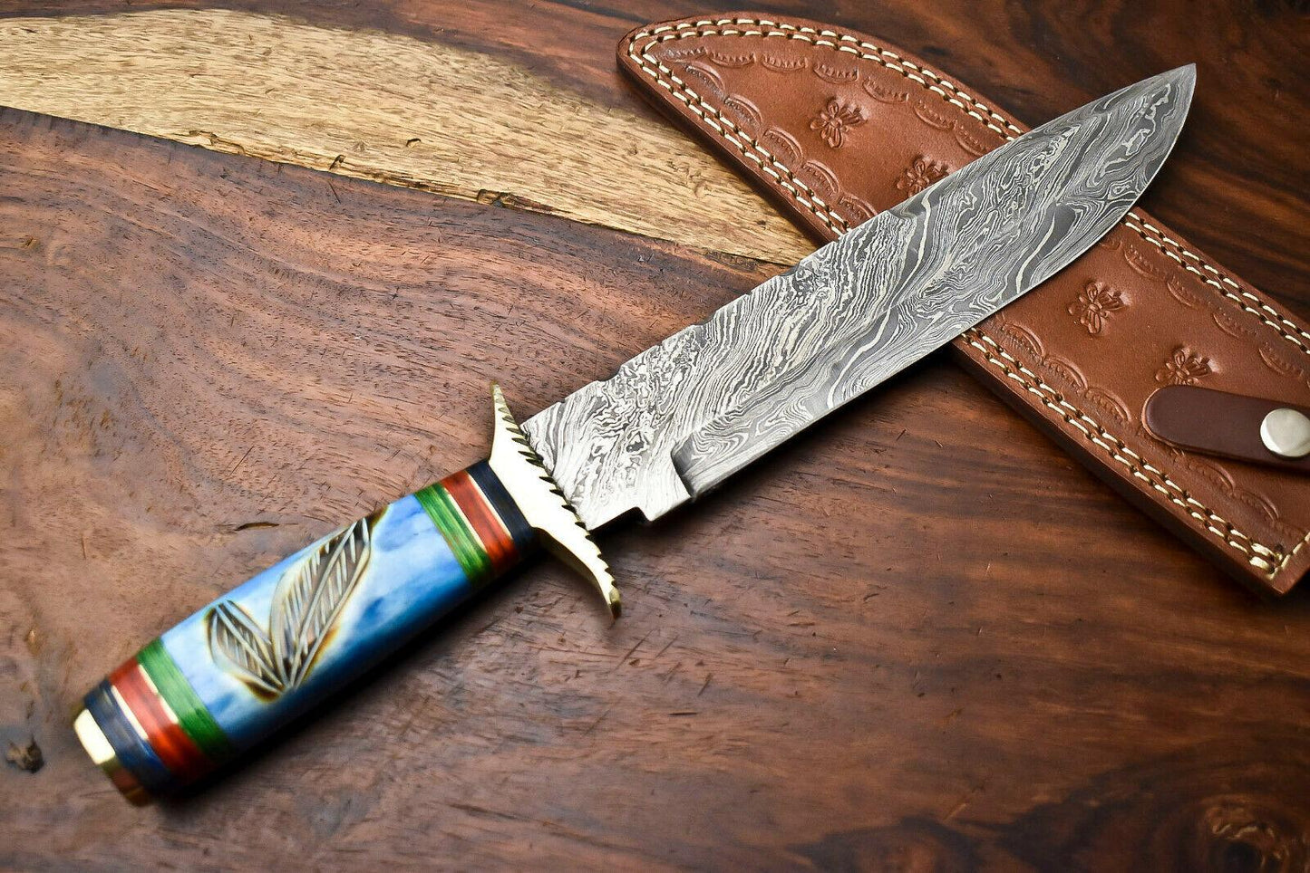 14" Damascus Bowie Knife with Camel Bone Handle