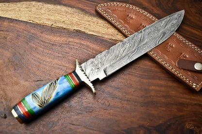 14" Damascus Bowie Knife with Camel Bone Handle