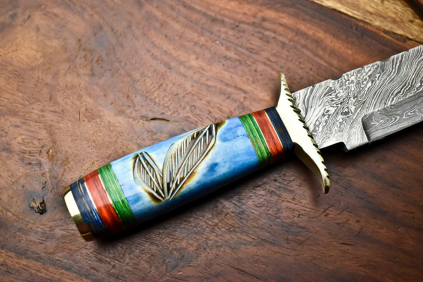 14" Damascus Bowie Knife with Camel Bone Handle