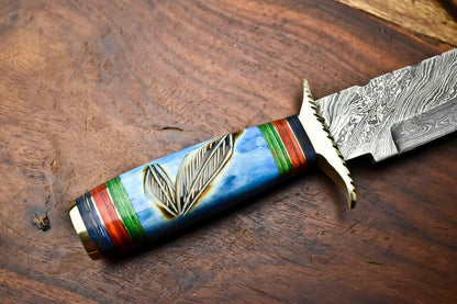 14" Damascus Bowie Knife with Camel Bone Handle