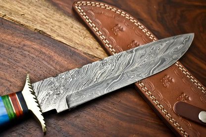14" Damascus Bowie Knife with Camel Bone Handle