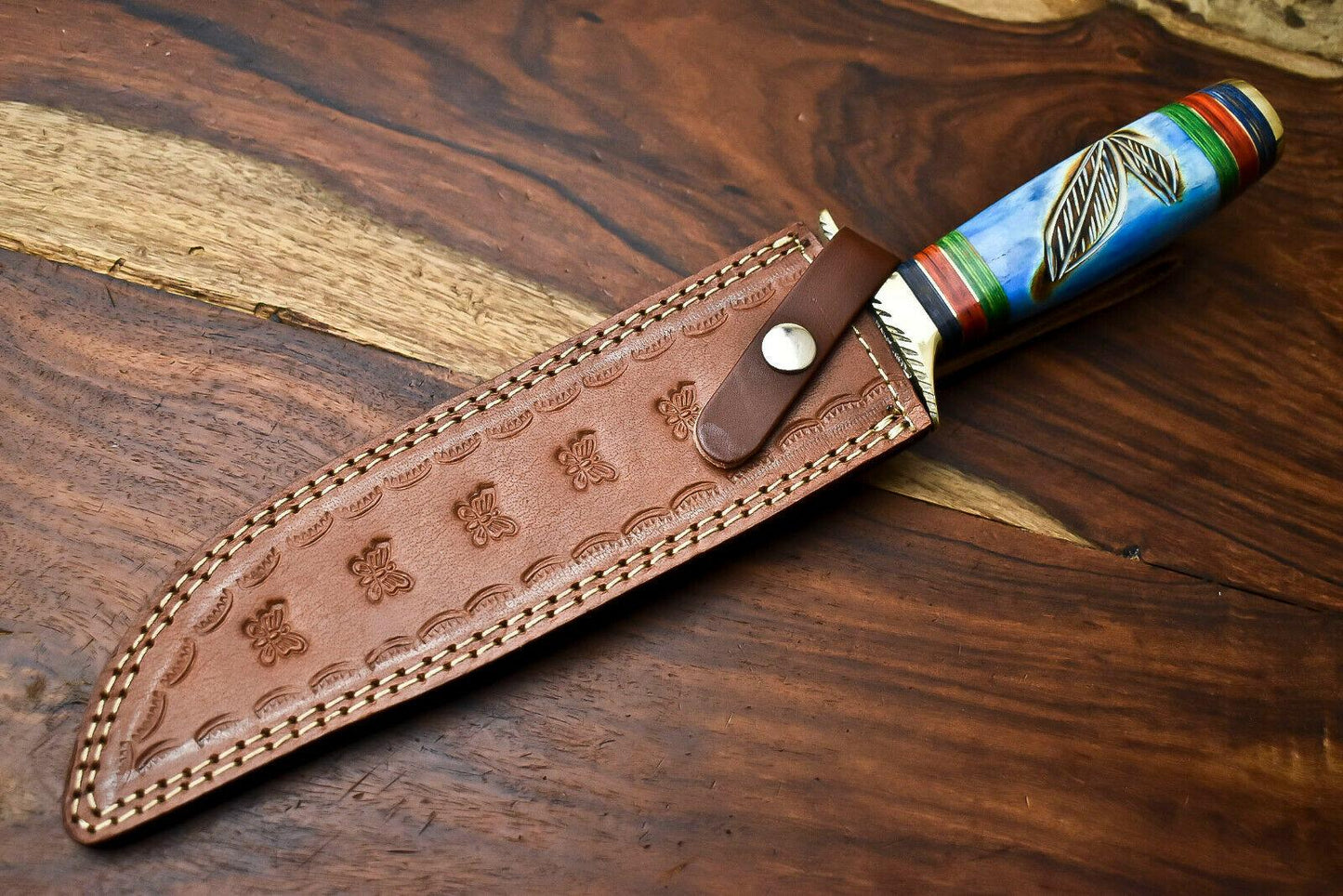 14" Damascus Bowie Knife with Camel Bone Handle
