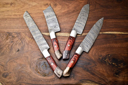 Premium 4-Piece Handmade Hammered Damascus Steel Chef Knife Set – Professional Kitchen Blades