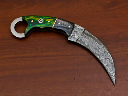 8.5 Inch Damascus Steel Karambit Dagger Knife with Pakka Wood Handle and Sheath