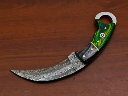8.5 Inch Damascus Steel Karambit Dagger Knife with Pakka Wood Handle and Sheath