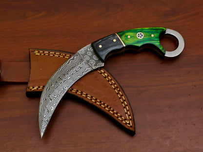 8.5 Inch Damascus Steel Karambit Dagger Knife with Pakka Wood Handle and Sheath