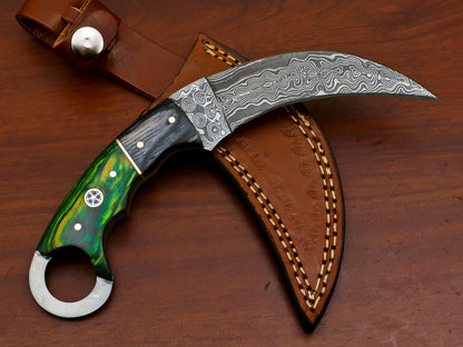 8.5 Inch Damascus Steel Karambit Dagger Knife with Pakka Wood Handle and Sheath