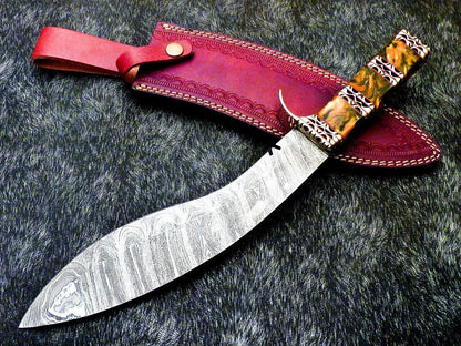 15 Inch Damascus Kukri Knife with Resin Handle and Brass Bolster