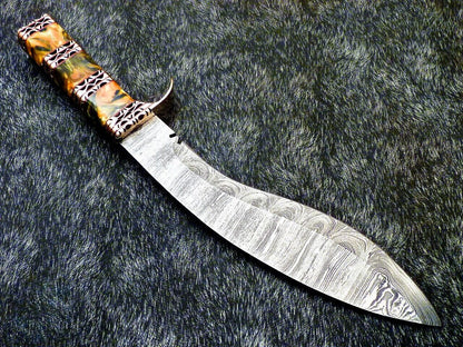 15 Inch Damascus Kukri Knife with Resin Handle and Brass Bolster