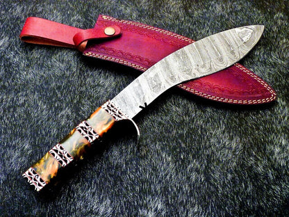 15 Inch Damascus Kukri Knife with Resin Handle and Brass Bolster