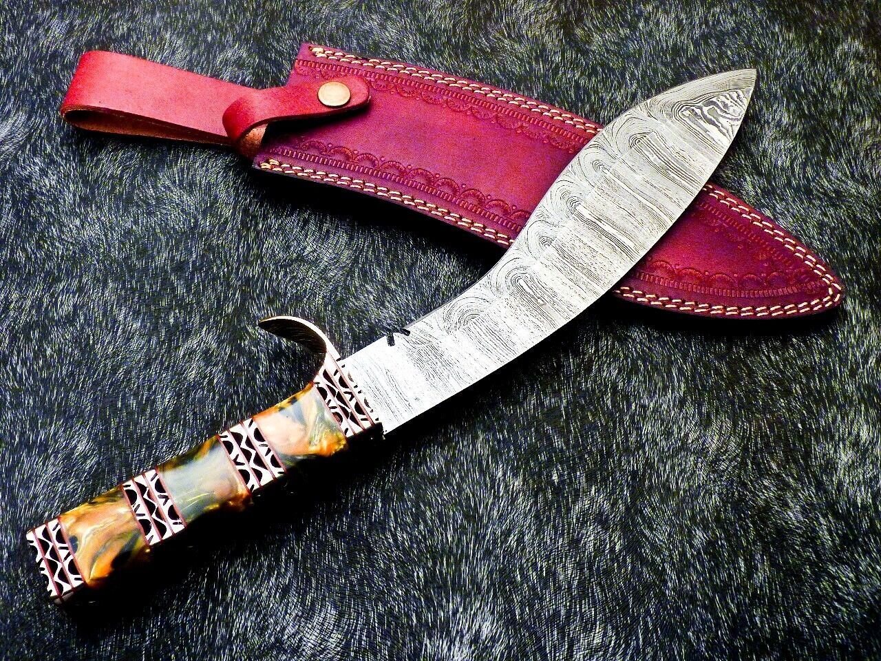 15 Inch Damascus Kukri Knife with Resin Handle and Brass Bolster