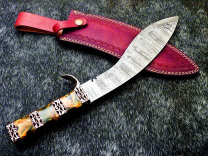 15 Inch Damascus Kukri Knife with Resin Handle and Brass Bolster