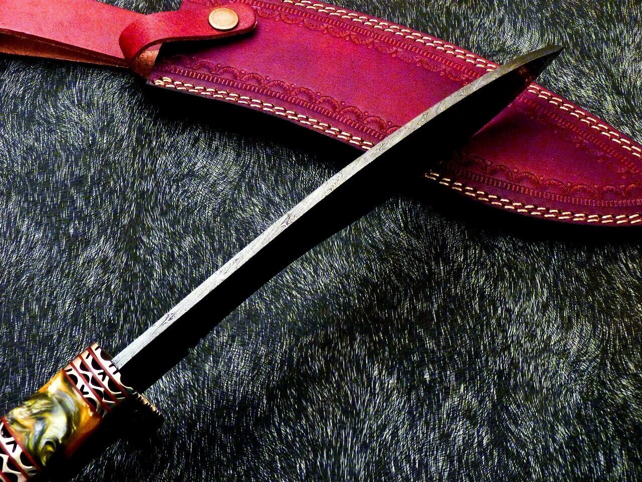 15 Inch Damascus Kukri Knife with Resin Handle and Brass Bolster