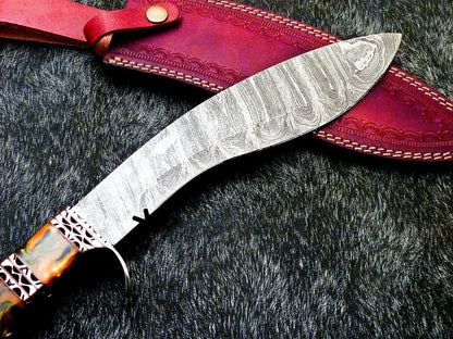 15 Inch Damascus Kukri Knife with Resin Handle and Brass Bolster