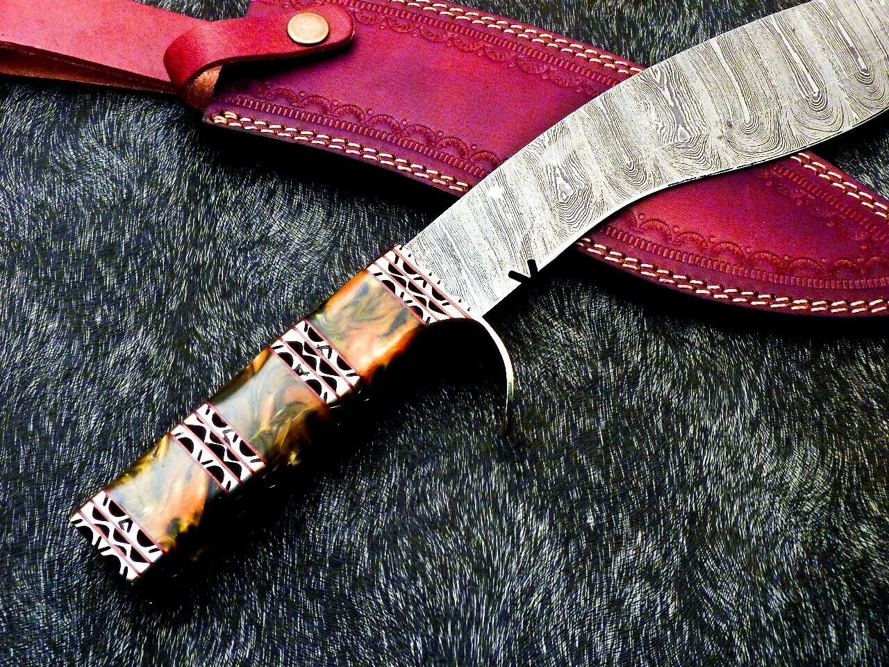 15 Inch Damascus Kukri Knife with Resin Handle and Brass Bolster