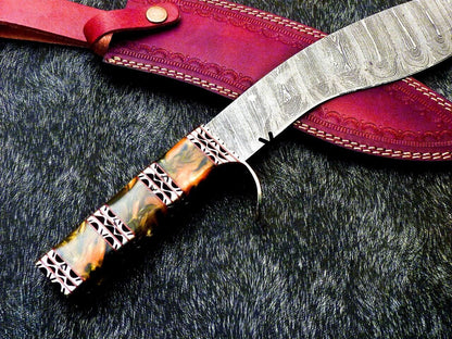 15 Inch Damascus Kukri Knife with Resin Handle and Brass Bolster