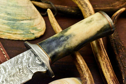 12" Handmade Damascus Bowie Knife – Camel Bone Handle and Leather Sheath