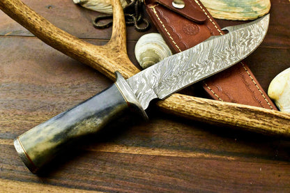 12" Handmade Damascus Bowie Knife – Camel Bone Handle and Leather Sheath