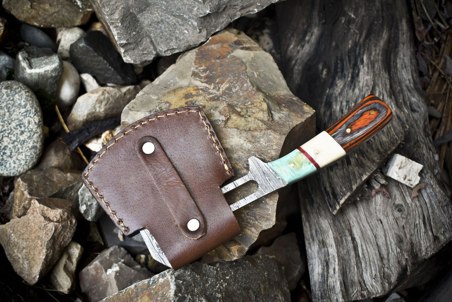 Handmade Clever Chopper Axe Knife Twist Damascus with Bone and Wood Handle and Leather Sheath