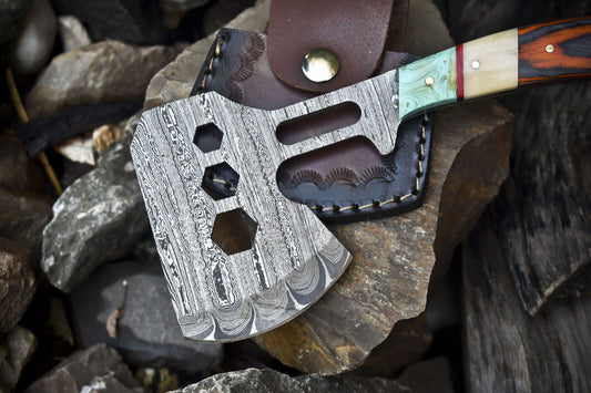 Handmade Clever Chopper Axe Knife Twist Damascus with Bone and Wood Handle and Leather Sheath