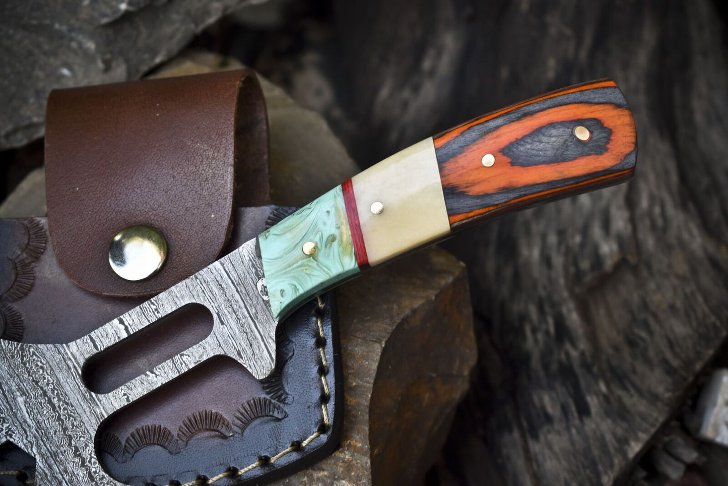 Handmade Clever Chopper Axe Knife Twist Damascus with Bone and Wood Handle and Leather Sheath