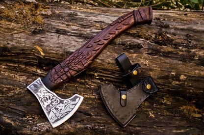 Handmade Viking Axe Carbon Steel Bearded Camping Axe with Leather Sheath