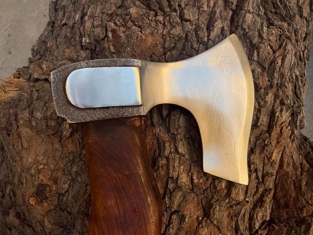 Custom Handmade Viking Axe Carbon Steel Bushcraft Forest Hatchet with Wooden Handle and Leather Sheath